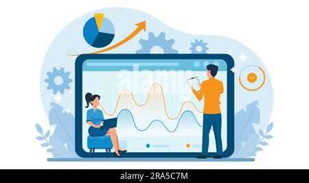 Vector of a man and woman reading digital data report analyzing financial graphics Stock Vector