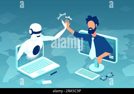 Vector of artificial intelligence, robot collaboration with a businessman Stock Vector