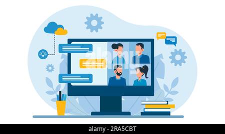 Vector of people having online conference call on desktop computer Stock Vector