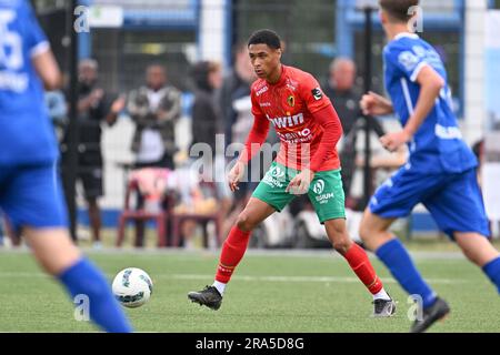 Manuel Osifo (19) of Oostende pictured during a friendly pre-season game ahead of the 2023 - 2024 Challenger Pro League season between KSV Bredene and KV Oostende on June 30 , 2023 in Bredene, Belgium. PHOTO SPORTPIX | David Catry Stock Photo