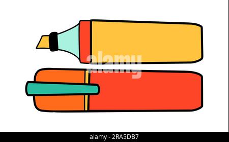 School color markers cartoon in doodle retro style. Back to school stationery element bold bright. Classic supplies for children education or office Stock Vector