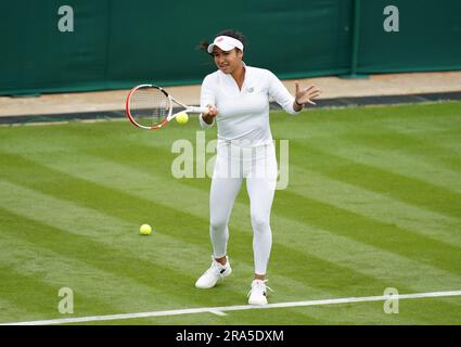 Heather Watson practices at the All England Lawn Tennis and Croquet Club in Wimbledon, ahead of the championships which start on Monday. Picture date: Saturday July 1, 2023. Stock Photo