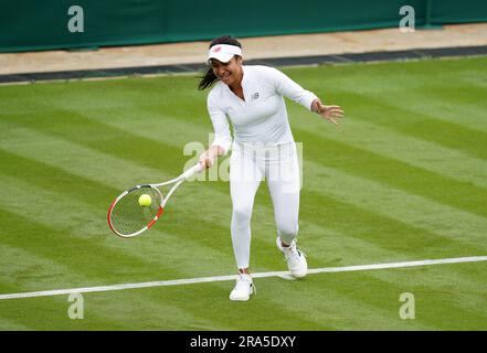 Heather Watson practices at the All England Lawn Tennis and Croquet Club in Wimbledon, ahead of the championships which start on Monday. Picture date: Saturday July 1, 2023. Stock Photo