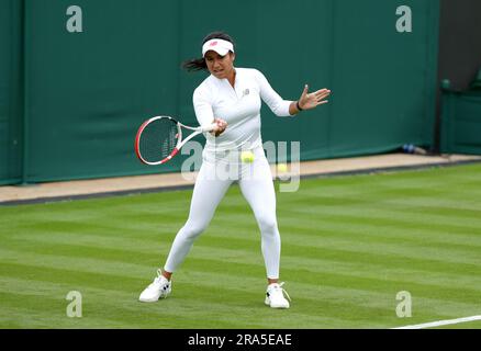 Heather Watson practices at the All England Lawn Tennis and Croquet Club in Wimbledon, ahead of the championships which start on Monday. Picture date: Saturday July 1, 2023. Stock Photo