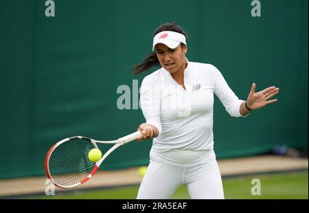 Heather Watson practices at the All England Lawn Tennis and Croquet Club in Wimbledon, ahead of the championships which start on Monday. Picture date: Saturday July 1, 2023. Stock Photo