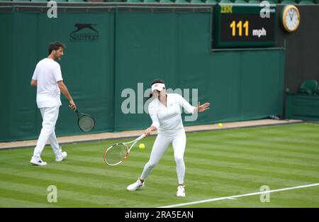 Heather Watson practices at the All England Lawn Tennis and Croquet Club in Wimbledon, ahead of the championships which start on Monday. Picture date: Saturday July 1, 2023. Stock Photo