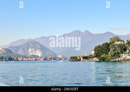 Isola Bella, Stresa, Italy, 23th of May 2010, A panoramic landscape of Isola Bella on lake lago maggiore with mountains. Stock Photo