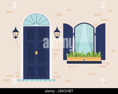 House architecture - vintage front door and window with shutters. Stock Vector