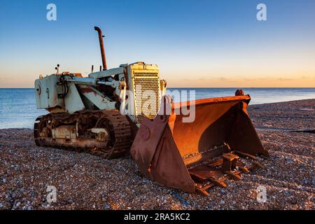 DUNGENESS, KENT, UK   DECEMBER 17 : Bulldozer on Dungeness beach in Kent on December 17, 2008 Stock Photo