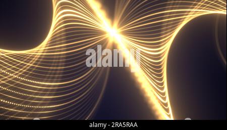 Abstract yellow waves from lines and dots particles of glowing swirling futuristic hi-tech with blur effect on dark background. Abstract background. Stock Photo