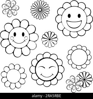 Groovy flowers line art Stock Vector