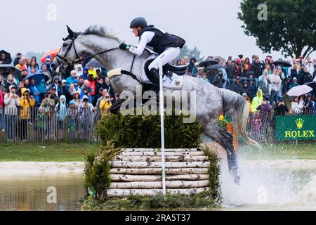 Aachen, Germany. 01st July, 2023. Equestrian sport, eventing: CHIO, cross-country competition. The German rider Malin Hansen-Hotopp on the horse 'Carlitos Quidditch K' jumps over an obstacle. Credit: Rolf Vennenbernd/dpa/Alamy Live News Stock Photo
