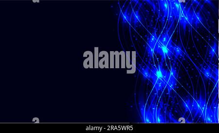 Blue transparent abstract shiny magical cosmic magical energy lines, rays with highlights and dots and light auroras on a dark blue background on the Stock Vector
