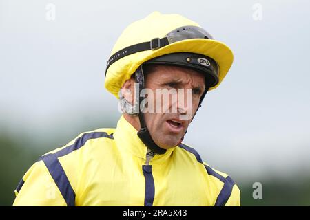 Jockey Neil Callan with horse Mount Athos after finishing 5th in the Jenningsbet Chipchase Stakes during day three of the Seaton Delaval Northumberland Plate festival at Newcastle Racecourse, Newcastle upon Tyne. Picture date: Saturday July 1, 2023. Stock Photo