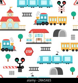 Vector railway transport seamless pattern. Funny railroad transportation repeating background with train, steam train, tunnel for kids. Cute rail vehi Stock Vector