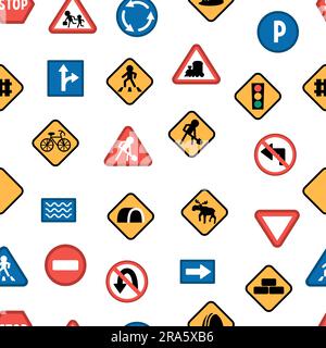 Vector road signs seamless pattern. Railway and traffic street repeating background. Cute highway rules texture with traffic lights, stop, constructio Stock Vector