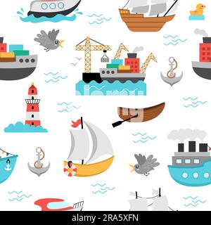 Vector water transport seamless pattern. Funny nautical transportation repeating background with ship, boat, steamship, yacht for kids. Cute marine ve Stock Vector
