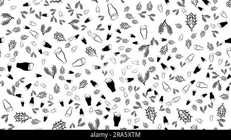 Texture seamless pattern of multi-colored glasses of mugs with foam beer light dark lager and stout with branches of hop and malt plants. The backgrou Stock Vector
