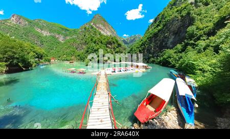 From high above, a breathtaking aerial vista unveils the mesmerizing Shala River canyon, situated in Albania's Kukes County, bordering Montenegro and Stock Photo