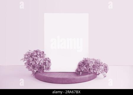 Blank Greeting Card Invitation Mockup. Front view. Dry Flowers Modern Wooden Plate, Paper Mock Up on Violet Table. Copy Space. Minimal Business Brand Stock Photo