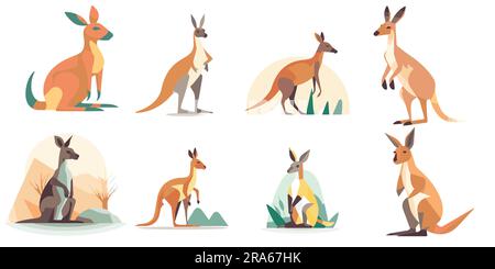 A set of Flat Kangaroo vector illustration Stock Vector