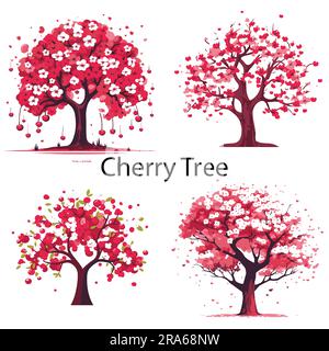 Cherry tree flat vector illustration collection. Stock Vector