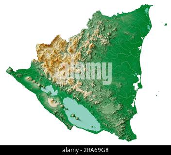 Nicaragua. Highly detailed 3D rendering of shaded relief map with rivers and lakes. Colored by elevation. Pure white background. Satellite data. Stock Photo