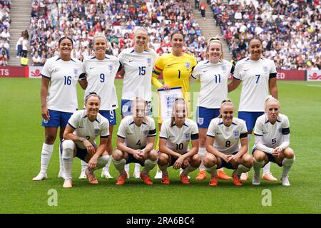 (left to right, back to front) England's Jess Carter, Rachel Daly, Esme Morgan, goalkeeper Mary Earps, Lauren Hemp, Lauren James, Lucy Bronze, Keira Walsh, Ella Toone Georgia Stanway and Alex Greenwood before a Women's international friendly match at Stadium MK, Bletchley. Picture date: Saturday July 1, 2023. Stock Photo