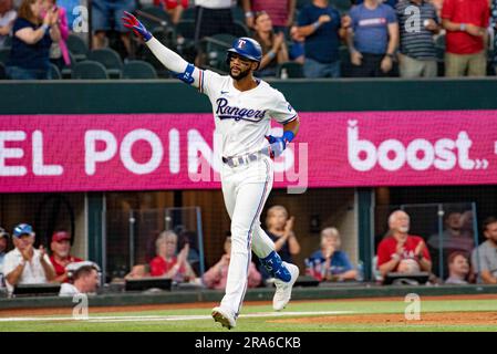 Houston, United States. 14th Apr, 2023. Texas Rangers center fielder Leody  Taveras (3) during the MLB game between the Texas Ranges and the Houston  Astros on Friday, April 14, 2023 at Minute