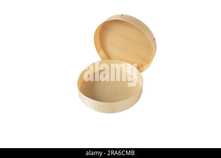 Round wooden low cheese box isolated on white. Opened lid. Stock Photo