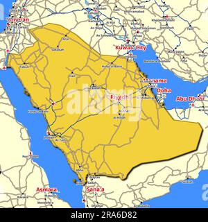 Country map of Saudi Arabia featuring the major roads and highways spanning across the state Stock Photo