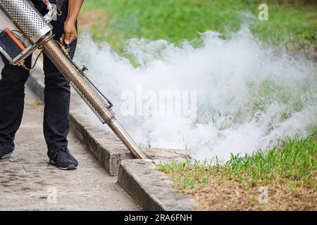 pest control staff spray chemical smoke eliminate mosquito larvae rats cockroach bugs in drains ground outdoor. Stock Photo