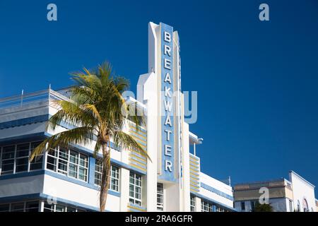 Miami Beach, Florida, USA. Facade of the Breakwater Hotel, Ocean Drive, Miami Beach Architectural District, South Beach. Stock Photo