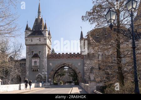 BUDAPEST, HUNGARY - MARTH 13, 2023: This is the gate to the Vajdahunyad Castle, an eclectic building with elements of Hungarian historical buildings i Stock Photo