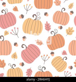 Seamless autumn pattern with pumpkins, fall leaves and acorns. Thanksgiving background. Vector illustration. Stock Vector