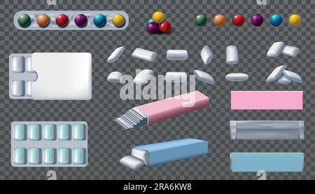 Chewing gum pack. Bubble balls. Blister and wrapper. Realistic candy in foil wrap. Pink and blue box design. Dental dragee and stripe. 3D packaging mo Stock Vector