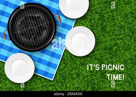 Picnic time. Summer BBQ on park grass lawn. Barbecue spring poster. 3D top view of cooking grill and empty plates. Outdoor meal party. Charcoal mangal Stock Vector