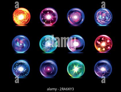 Magic balls. Colorful orb, fantasy crystal sphere, magician energy flame in glass round globe. Glowing energy spheres different colors. Realistic icon Stock Vector