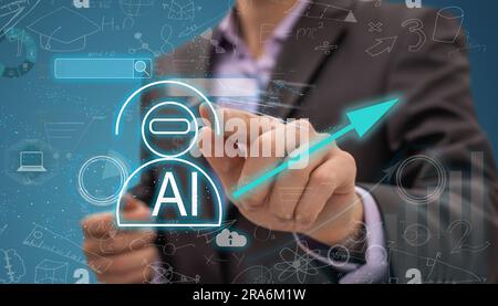 Businessman holding hologram digital chatbot, chat GPT, robot application, conversation assistant, AI Artificial Intelligence concept, digital chatbot Stock Photo