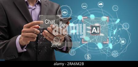 Artist Man using hand AI, Artificial Intelligence to generate content. Text to image, speech, smart AI, by enter command prompt for generates Stock Photo