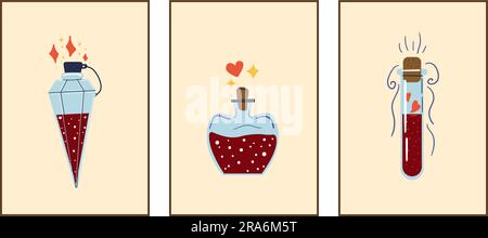 Magic potion set. Love or poison drink. Glass flask with colorful liquid. Romance hearts. Fantasy magical beverage. Labels or emblems. Witchcraft and Stock Vector