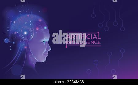 Artificial intelligence. AI brain. Digital robot technology. Glowing cyborg head. Future data learning. Science mind. Human robotic network. Innovatio Stock Vector
