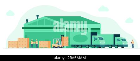Warehouse factory. Truck logistic. Freight shipping. Containers delivery. Transport industry. Forklift with boxes. Cargo distribution or storage. Lorr Stock Vector
