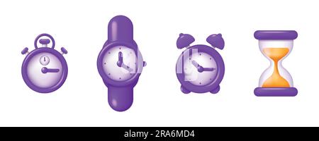 3D clock. Time measurement. Timer icons. Speed watch. Hourglass and wristwatch. Alarm or stopwatch render. Stop minute counter. Deadline alert. Purple Stock Vector