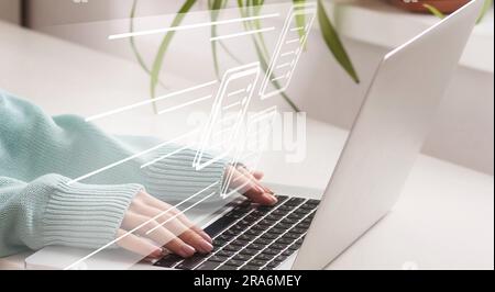 Process automation to efficiently manage files. Online documentation database and document management system concept. Businesswoman working on laptop Stock Photo