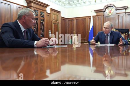 Moscow, Russia. 30th June, 2023. Russian President Vladimir Putin holds face-to-face meeting with Director General of the Roscosmos Space Agency Yury Borisov, left, at the Kremlin, June 30, 2023 in Moscow, Russia. Credit: Gavriil Grigorov/Kremlin Pool/Alamy Live News Stock Photo