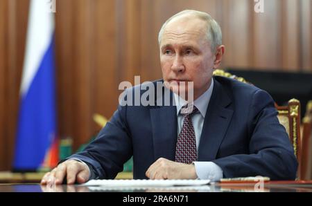 Moscow, Russia. 30th June, 2023. Russian President Vladimir Putin holds face-to-face meeting with Director General of the Roscosmos Space Agency Yury Borisov at the Kremlin, June 30, 2023 in Moscow, Russia. Credit: Gavriil Grigorov/Kremlin Pool/Alamy Live News Stock Photo