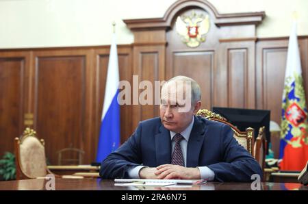 Moscow, Russia. 30th June, 2023. Russian President Vladimir Putin holds face-to-face meeting with Director General of the Roscosmos Space Agency Yury Borisov at the Kremlin, June 30, 2023 in Moscow, Russia. Credit: Gavriil Grigorov/Kremlin Pool/Alamy Live News Stock Photo