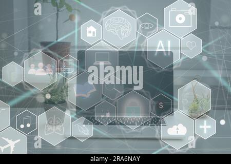 Artificial Intelligence AI, Internet of Things IoT. Business man using laptop computer on technology background, big data, deep learning, smart phone Stock Photo