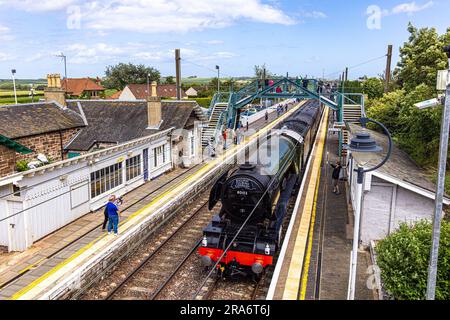 East Lothian, United Kingdom. 01 July, 2023 Pictured: The Flying Scotsman passes through Drem Station in East Lothian on its way to Edinburgh as part of its centenary tour. Credit: Rich Dyson/Alamy Live News Stock Photo